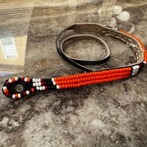 NWT Orange/Red/Black/White Beaded Black Leather Bracelet. Handmade Tanzania